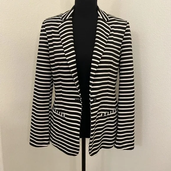 Mossimo Blazer M Womens Black White Striped Business Career Office Jacket Preppy - Picture 2 of 12
